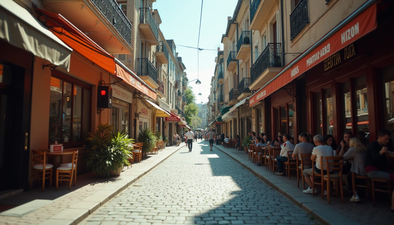 Wide angle view of a bustling downtown street with shops and cafes