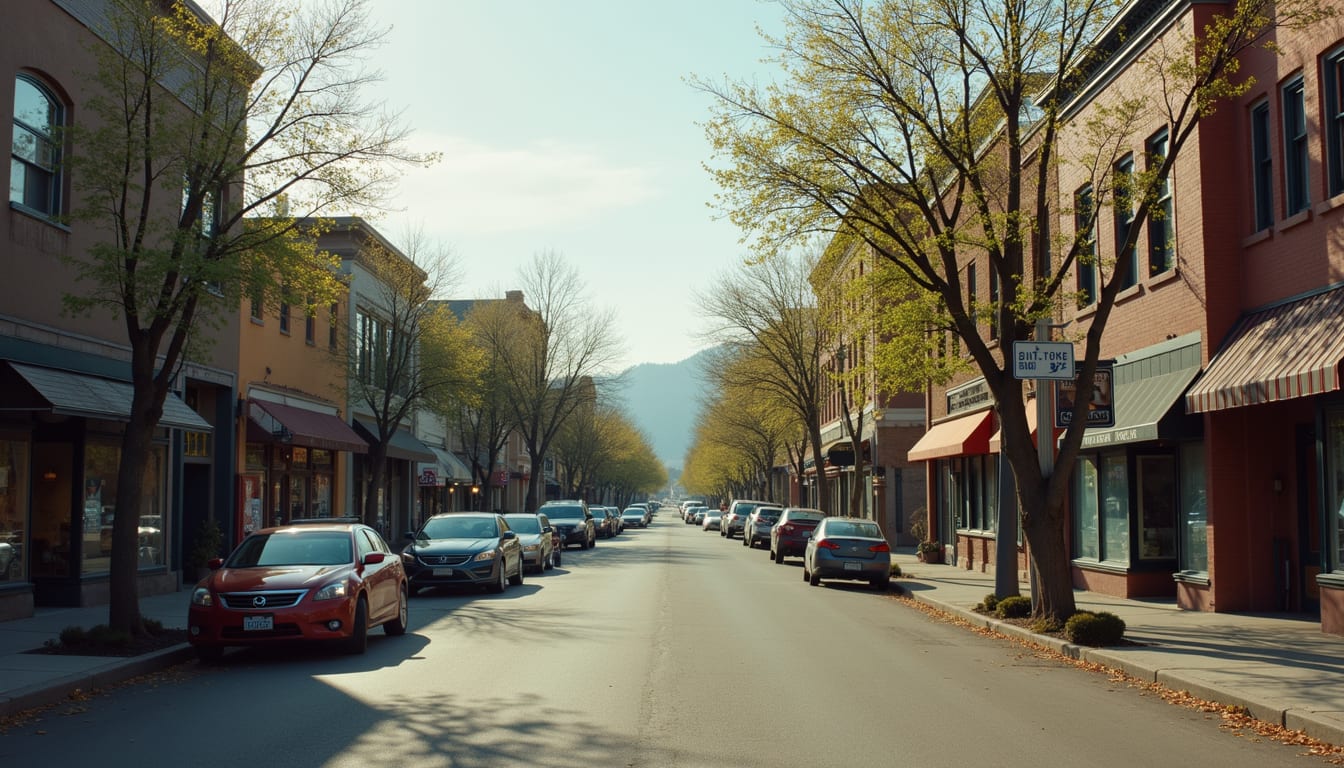 Wide angle view of a small town street with shops and trees in Southern Oregon
